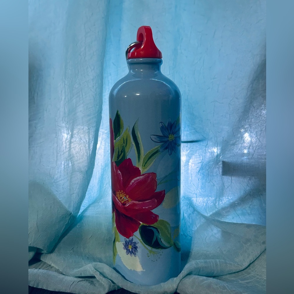 Floral Blue Water Bottle with Red Cap